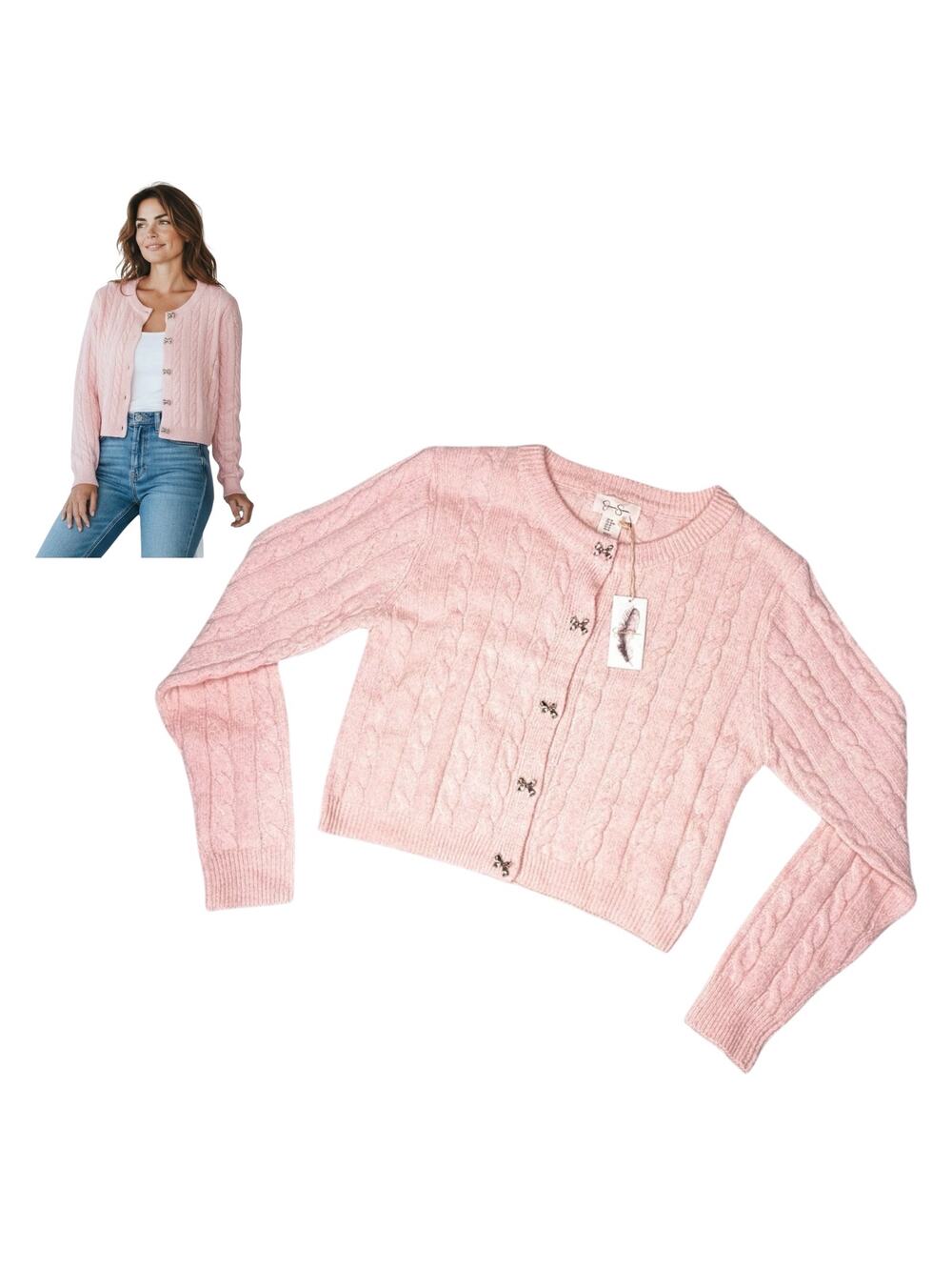 Jessica Simpson Pink Cardigan Silver Bow Buttons Women's Medium Knit Sweater New